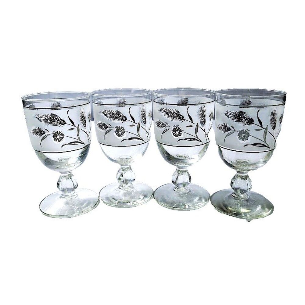 4 Vintage Libbey Silver Wheat & Thistle Frosted Goblet Glasses 8 oz 1960s